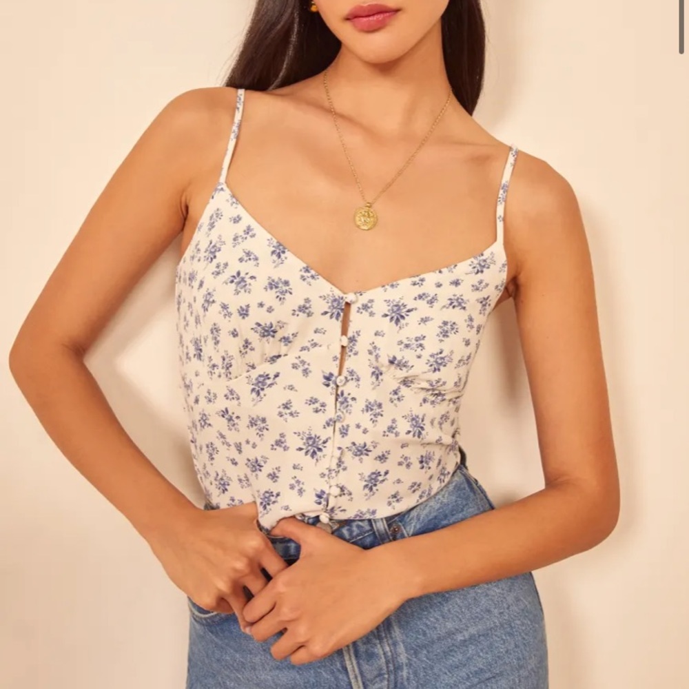 Reformation Cream Floral Button-Front Camisole with Blue Print